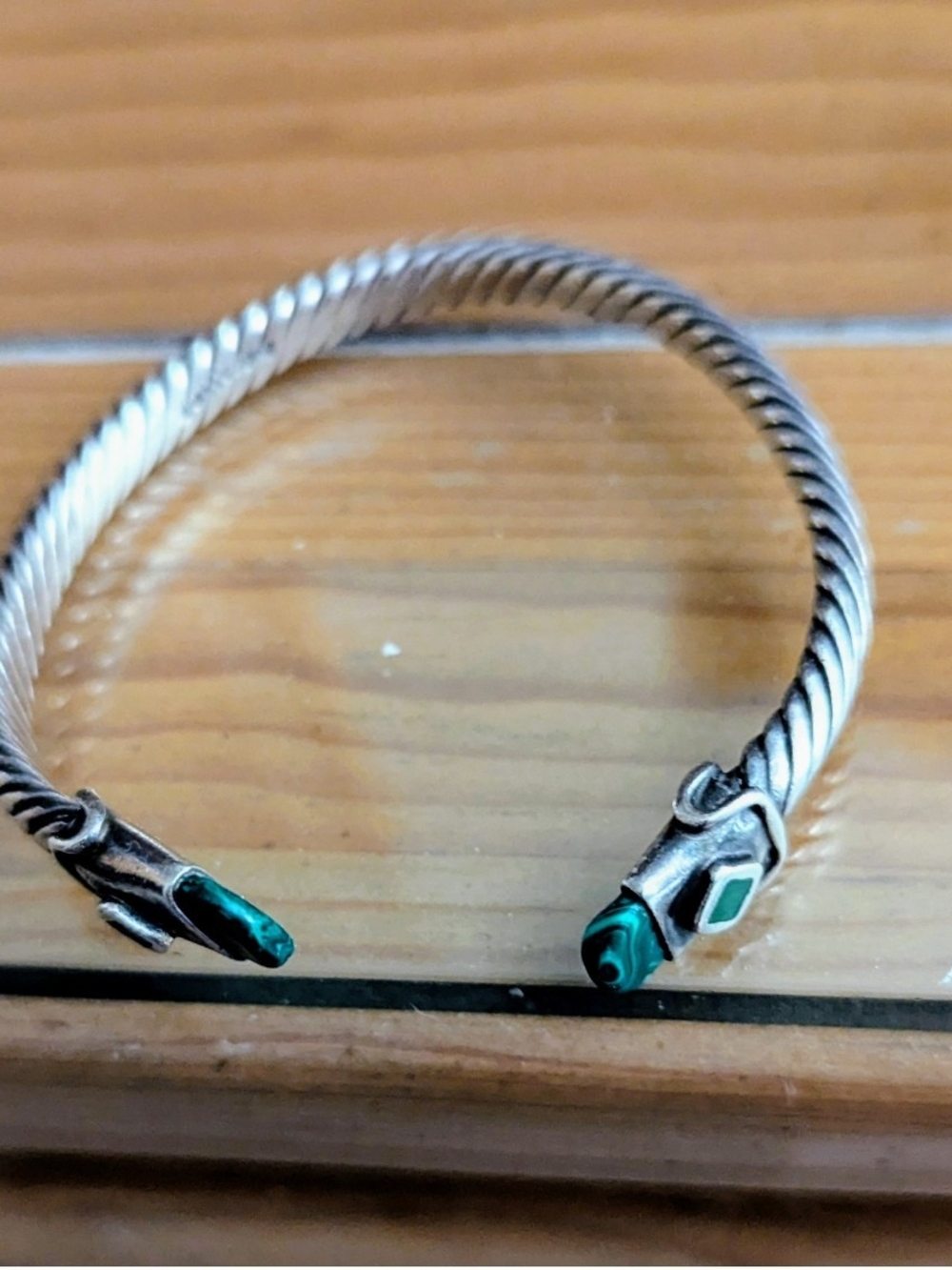 Silver-Tone Twisted Cuff Bracelet with Green Stone Accents